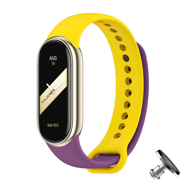 Силіконовий ремінець MiJobs Duo Color для фітнес браслета Xiaomi Mi Band 8/9 з металевим кріпленням Жовтий+фіолетовий+ металева кнопка