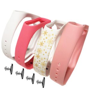 Комплект силіконових ремінців MRK для Xiaomi Mi Band 5/6/7 Новорічний Joy 01 (чотири ремінці: білий, рожевий, біло-золотий, ніжно-рожевий) + 4 металеві кнопки – фото, відгуки, характеристики в інтернет-магазині MoreKitov від продавця: MRK МРК| Купити в Україні: Києві, Харкові, Львові