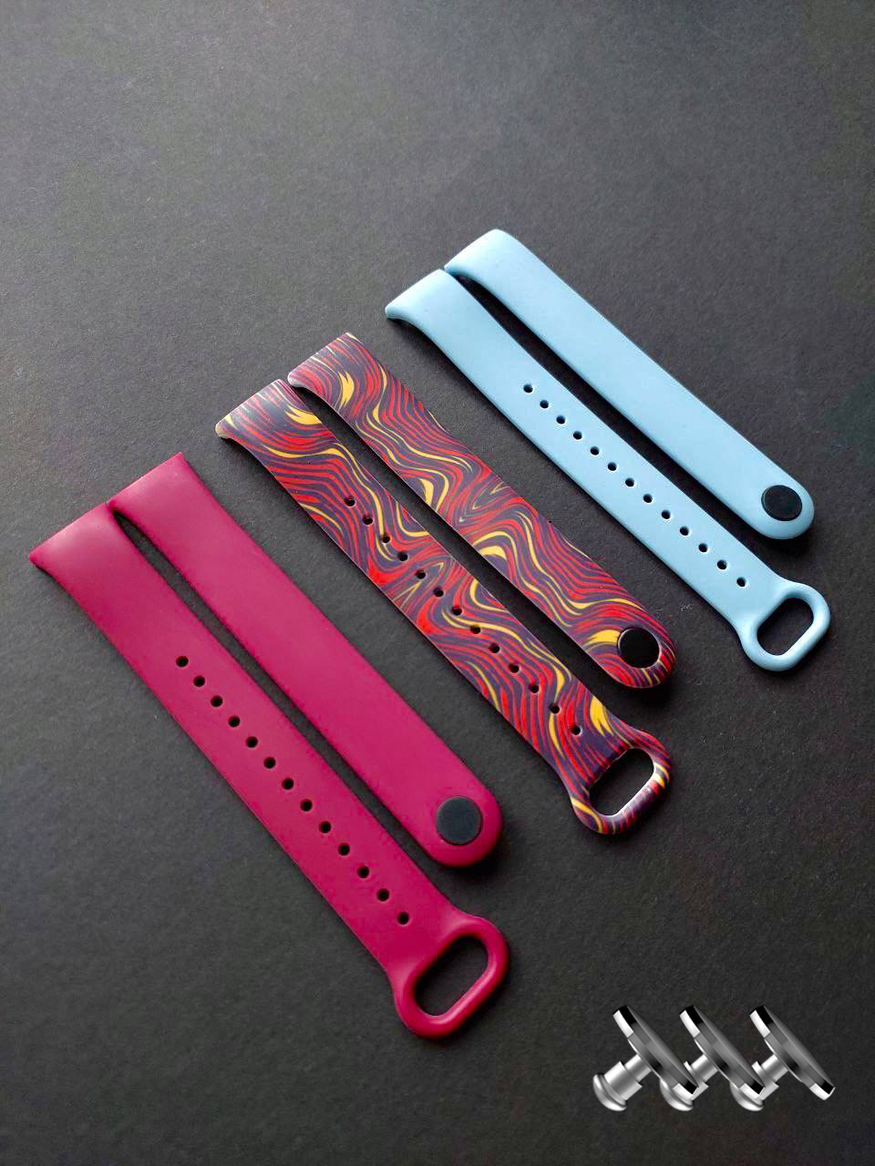 Комплект силіконових ремінців MRK для фітнесу браслета Xiaomi Mi Band 8/9 Purple Pattern з металевим кріпленням (три ремінці) + три металеві кнопки