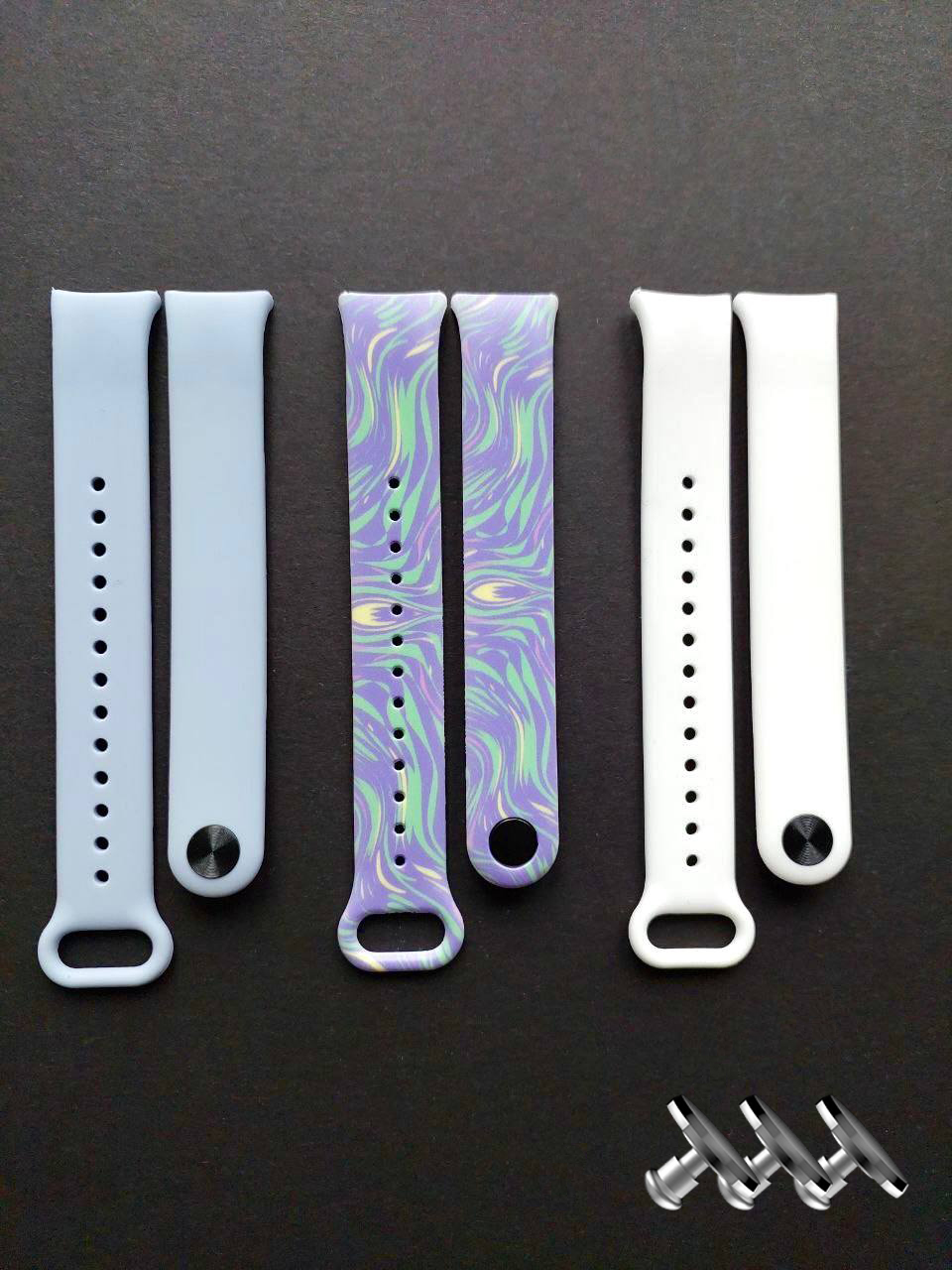 Комплект силіконових ремінців MRK для фітнесу браслета Xiaomi Mi Band 8/9 Violet Lagoon з металевим кріпленням (три ремінці) + три металеві кнопки