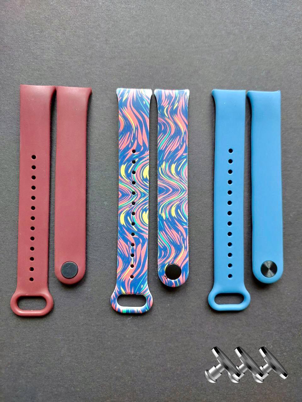 Комплект силіконових ремінців MRK для фітнесу браслета Xiaomi Mi Band 8/9 Multicolor Waves з металевим кріпленням (три ремінці) + три металеві кнопки