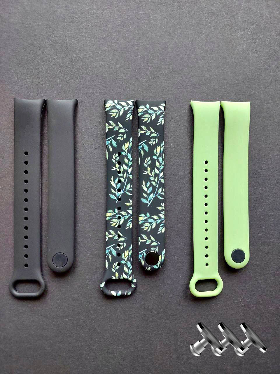 Комплект силіконових ремінців MRK для фітнесу браслета Xiaomi Mi Band 8/9 Black Leaves з металевим кріпленням (три ремінці) + три металеві кнопки