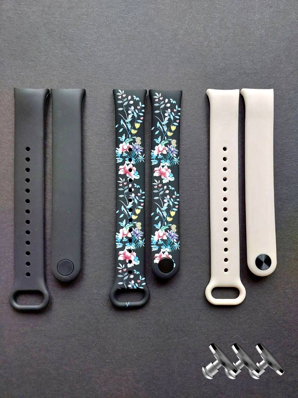 Комплект силіконових ремінців MRK для фітнесу браслета Xiaomi Mi Band 8/9 Flowers Petit з металевим кріпленням (три ремінці) + три металеві кнопки