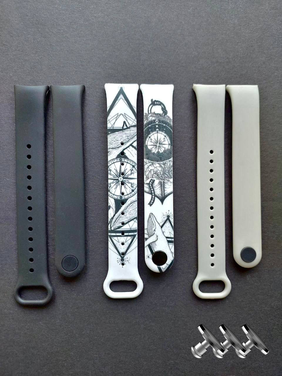 Комплект силіконових ремінців MRK для фітнесу браслета Xiaomi Mi Band 8/9 Black Tattoo з металевим кріпленням (три ремінці) + три металеві кнопки