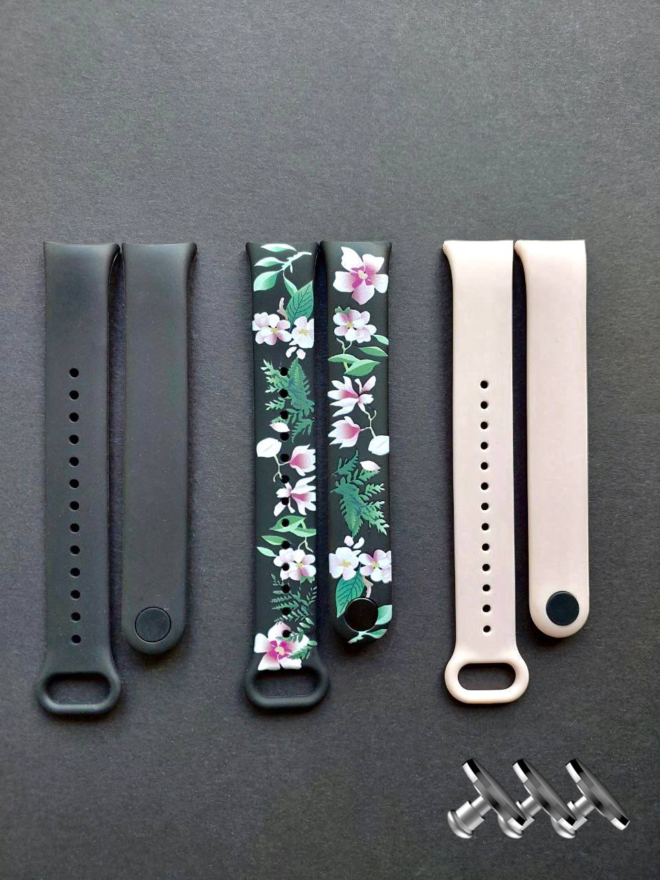 Комплект силіконових ремінців MRK для фітнесу браслета Xiaomi Mi Band 8/9 Wonder Flowers з металевим кріпленням (три ремінці) + три металеві кнопки