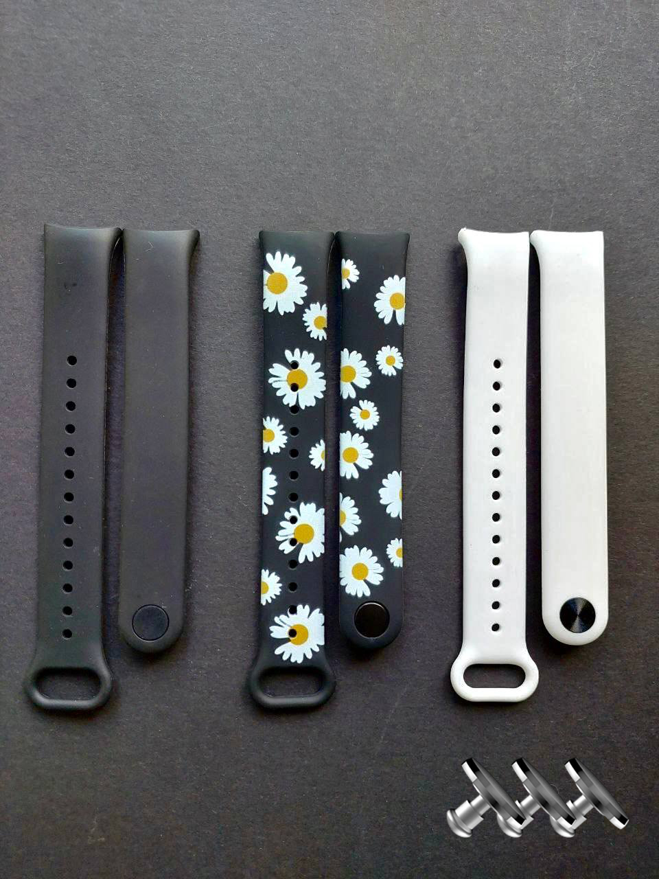 Комплект силіконових ремінців MRK для фітнесу браслета Xiaomi Mi Band 8/9 Camomiles Black Set з металевим кріпленням (три ремінці) + три металеві кнопки