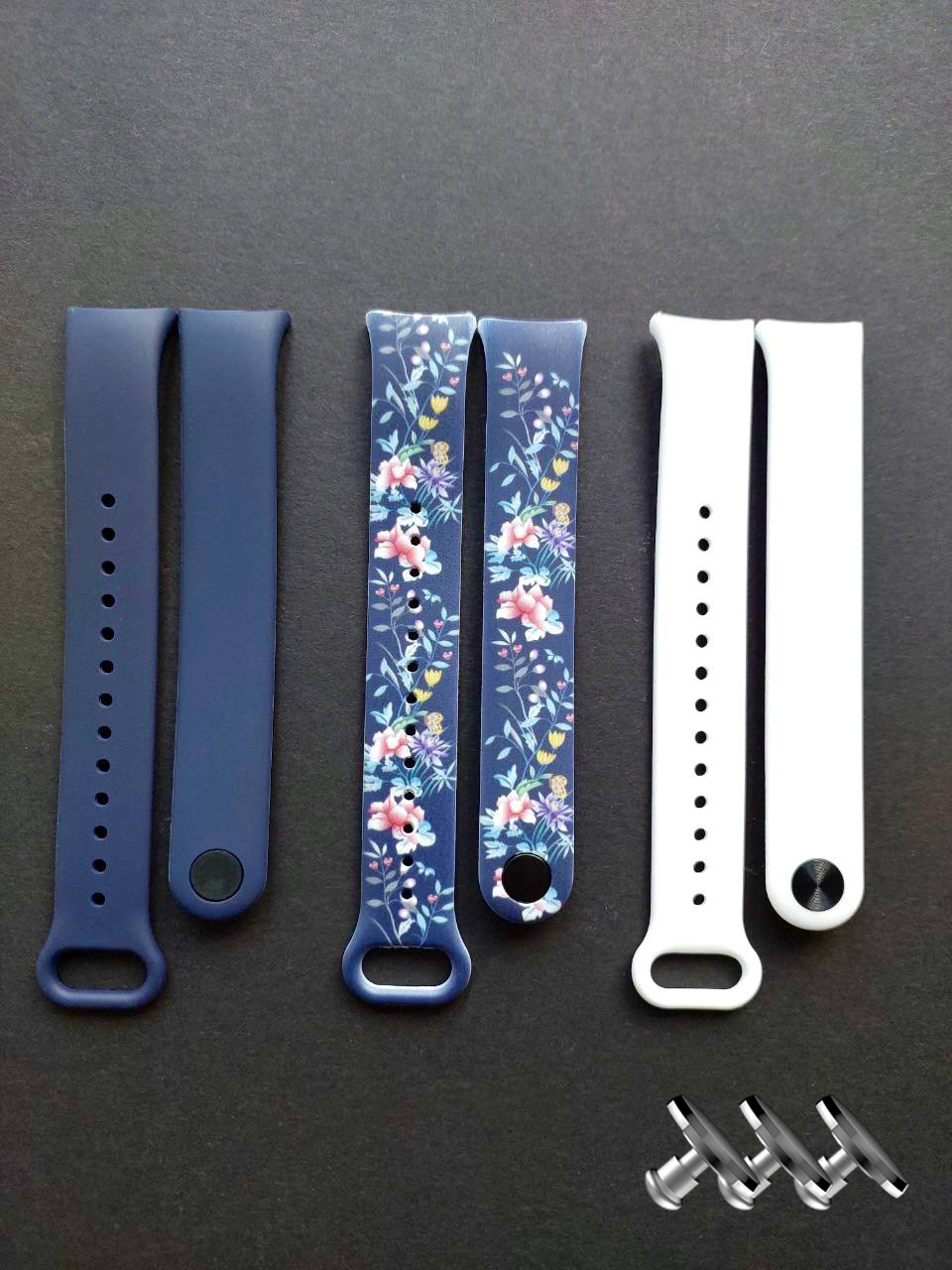 Комплект силіконових ремінців MRK для фітнесу браслета Xiaomi Mi Band 8/9 Petit Flowers Bluer з металевим кріпленням (три ремінці) + три металеві кнопки
