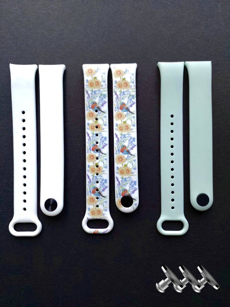 Комплект силіконових ремінців MRK для фітнесу браслета Xiaomi Mi Band 8/9 Petit Flower Garden White Set з металевим кріпленням (три ремінці) + три металеві кнопки