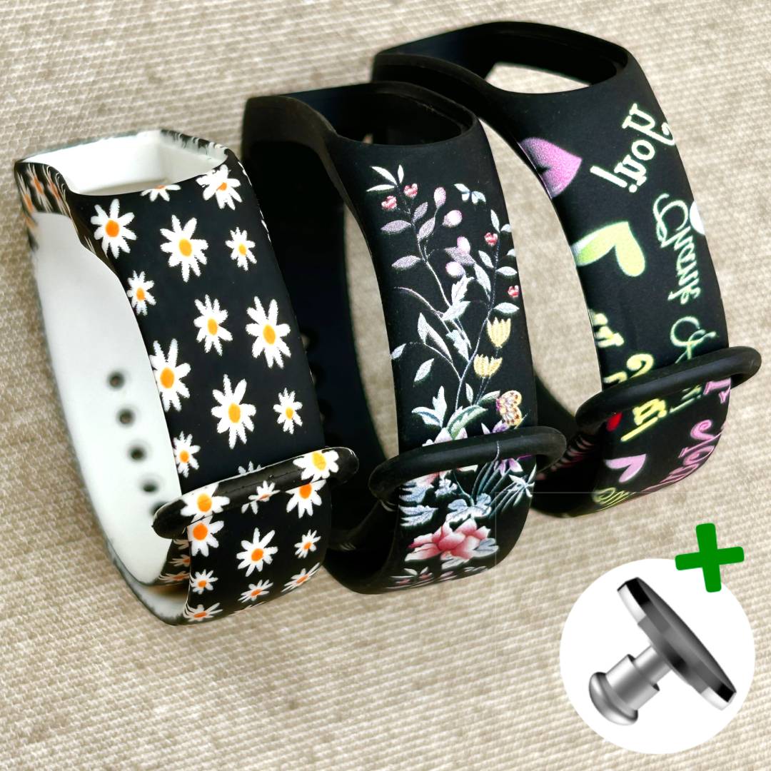 Комплект силіконових ремінців Black Set Flowers для фітнес браслета Xiaomi Mi Band 5/6/7 з металевою кнопкою (три ремінці) – фото, відгуки, характеристики в інтернет-магазині MoreKitov від продавця: MRK МРК| Купити в Україні: Києві, Харкові, Львові