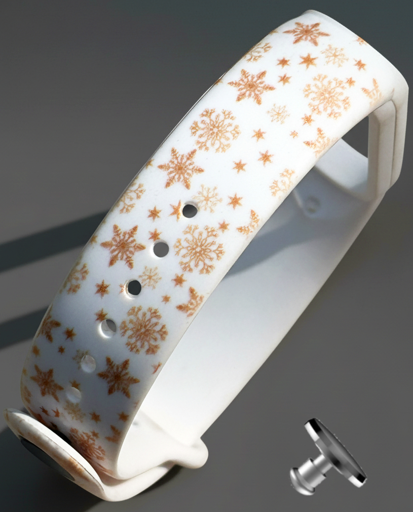Силіконовий ремінець MRK Новорічний з малюнком Golden Snowflakes для Xiaomi Mi Band 5/6/7 із металевою кнопкою