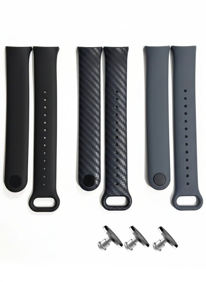 Комплект силіконових ремінців MRK для фітнесу браслета Xiaomi Mi Band 8/9/10 Carbon Set з металевим кріпленням (три ремінці) + три металеві кнопки
