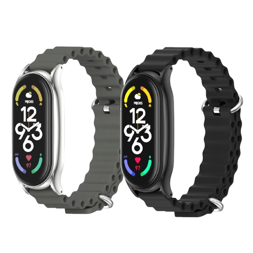 Комплект силіконових ремеків Mi Jobs Flex для фітнес браслета Xiaomi Mi Band 8 c металевою застібкою (два ремінці) Сірий + срібло, Чорний + графіт