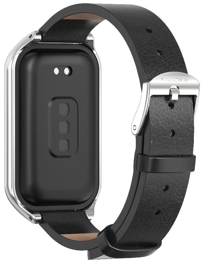 Шкіряний ремінець Mi Jobs з металевою капсулою для Mi Smart Band 8 Active/ Redmi Smart Band 2 чорний+сріблястий