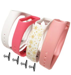 Комплект силиконовых ремешков MRK для Xiaomi Mi Band 4/3 Новогодний Joy 01 (четыре ремешка: белый, розовый, бело-золотой, нежно-розовый) + 4 металические кнопки