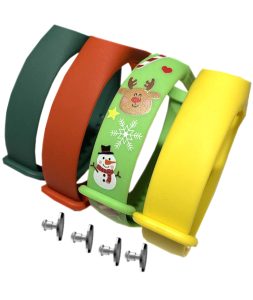 Комплект силиконовых ремешков MRK для Xiaomi Mi Band 4/3 Новогодний Joy (четыре ремешка: темно-зеленый, красный, салатовый, желтый)+ 4 металические кнопки