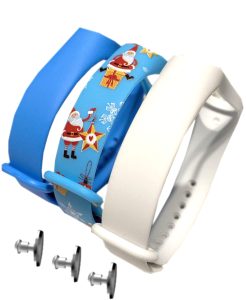 Комплект силиконовых ремешков MRK для Xiaomi Mi Band 4/3 Новогодний (три ремешка: синий, голубой, белый) + 3 металические кнопки