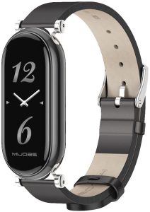 Ремешок кожаный с металлическим креплением Mi Jobs Elegance для фитнес браслета Xiaomi Mi Smart Band 10/9/8 Черный + серебро