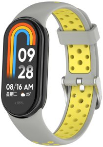 Ремінець силіконовий з металевою застібкою MRK SportStyle для фітнес браслета Xiaomi Mi Band 8/9/10 Світло-сірий з жовтим