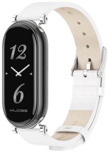 Ремешок кожаный с металлическим корпусом Mi Jobs Elegance GT для фитнес браслета Xiaomi Mi Band 3/4/5/6 белый + серебро