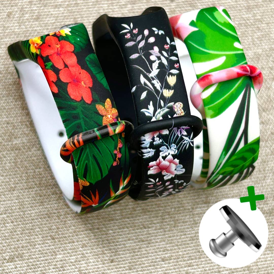 Комплект силиконовых ремешков Tropical Flowers Set для фитнес браслета Xiaomi Mi Band 5/6/7 с металлической кнопкой (три ремешка) Комплект силиконовых ремешков Tropical Flowers Set для фитнес браслета Xiaomi Mi Band 5/6/7 с металлической кнопкой (три ремешка)