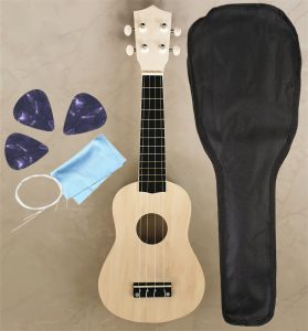 Укулеле (Гавайская гитара) с чехлом HM100-GB Без лака (натуральный цвет) + три медатора + салфетка из микрофибры + дополнительная струна