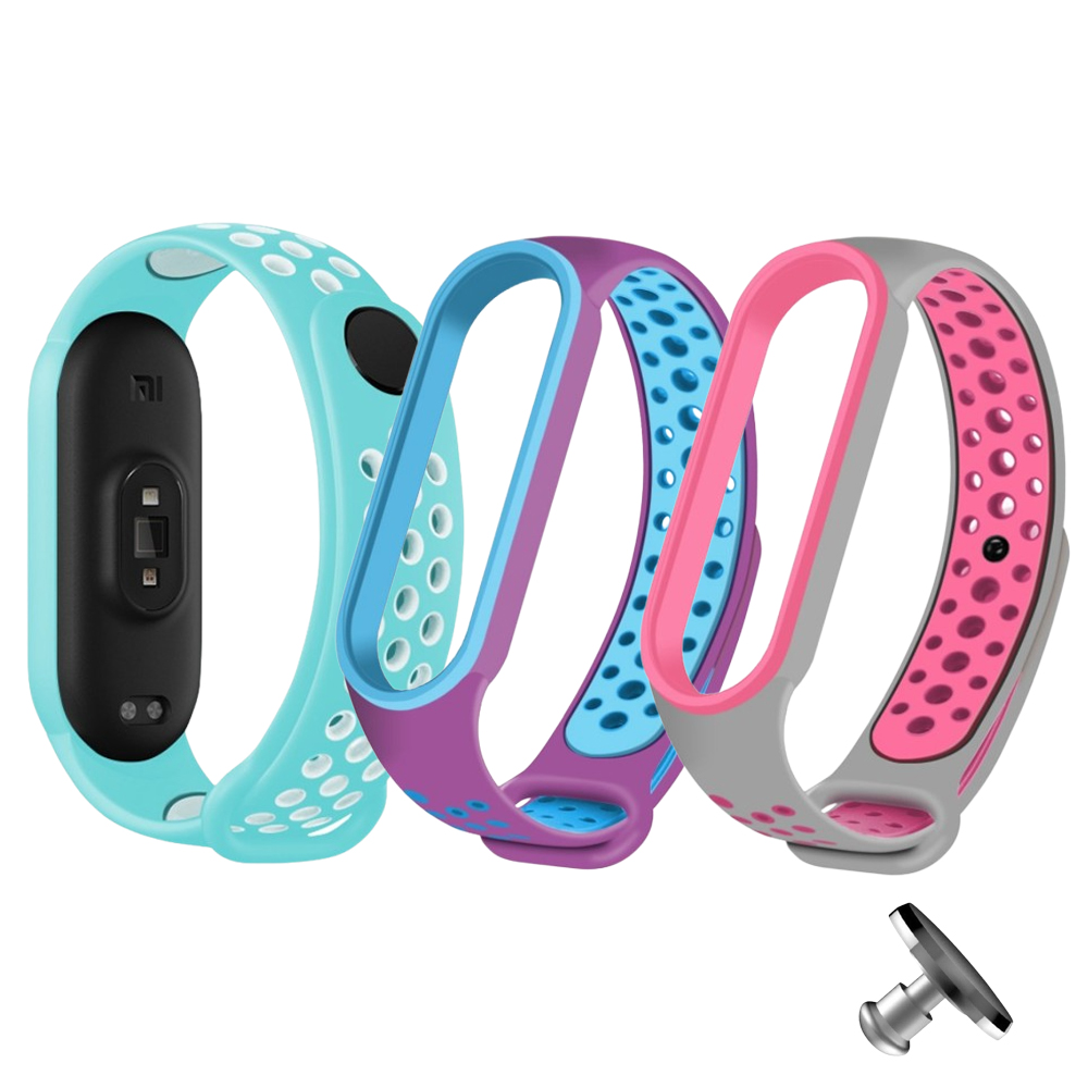 Комплект силиконовых ремешков Nike style для фитнес-браслета Xiaomi Mi Band 6/5 (3 ремешка) с металлической кнопкой Turquoise, White, Purple, Blue, Gray and Pink Комплект силиконовых ремешков Nike style для фитнес-браслета Xiaomi Mi Band 6/5 (3 ремешка) с металлической кнопкой Turquoise, White, Purple, Blue, Gray and Pink