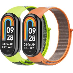 Комплект тканевых ремешков MRK Nylon Strap для Xiaomi Mi Band 8/9 с застежкой на липучке (два ремешка) Light Greeen, Orange
