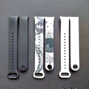 Комплект силиконовых ремешков MRK для фитнеса браслета Xiaomi Mi Band 8/9 Black Tattoo Mermaid с металлическим креплением (три ремешка) + три металлические кнопки