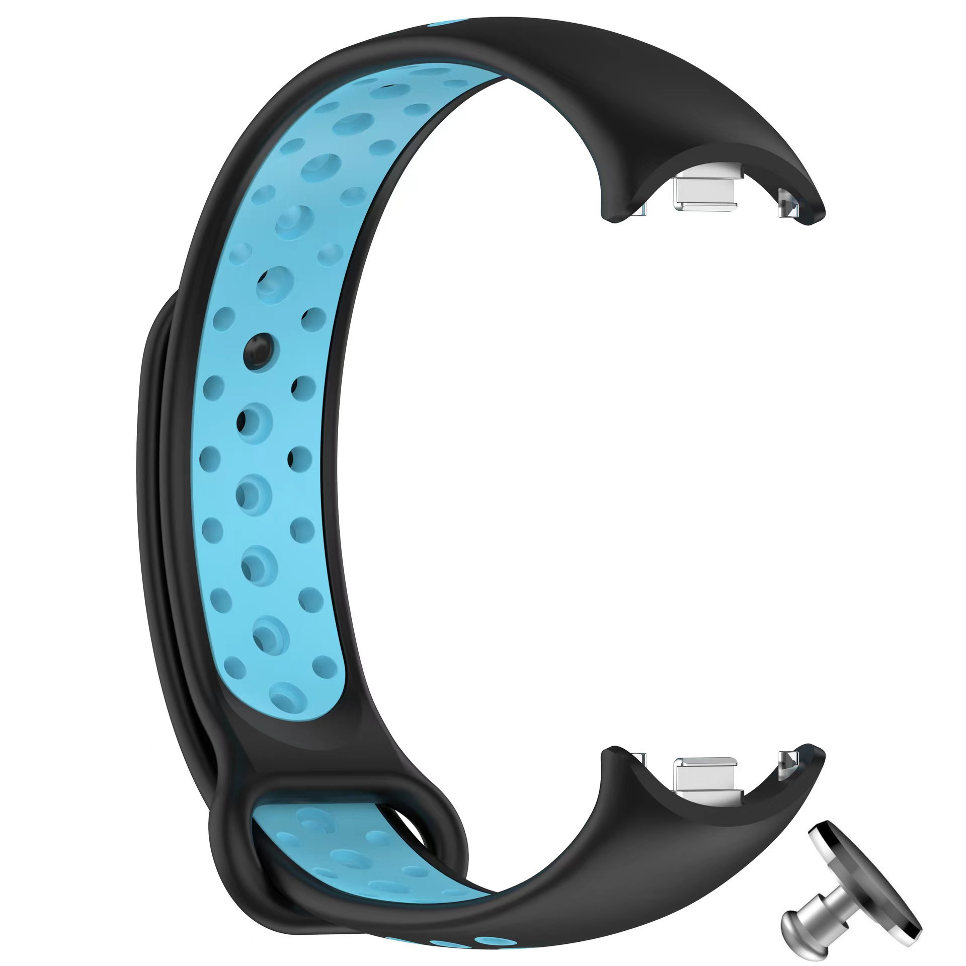 Ремешок силиконовый с металическим креплением MRK для фитнес браслета Xiaomi Mi Band 8/9/10 Черный с голубым + металическая кнопка