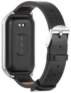 Кожаный ремешок Mi Jobs с металлической капсулой для Mi Smart Band 8 Active/ Redmi Smart Band 2 черный+серебристый