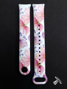 Силиконовый ремешок с рисунком Pink Flowers, c металическим креплением, для фитнес браслета Xiaomi Mi Band 8/9/10 + металическа кнопка