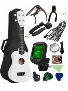 Комплект Укулеле сопрано 21 дюйм + чехол + Тюнер + каподастр + крепление + мультитул + ремешок + 3 медиатора + 4 струны + выкрутка + салфетка из микрофибры (Гавайская гитара) HM100-GB White