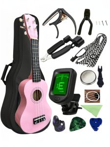 Комплект Укулеле сопрано 21 дюйм + чехол + Тюнер + каподастр + крепление + мультитул + ремешок + 3 медиатора + 4 струны + выкрутка + салфетка из микрофибры (Гавайская гитара) HM100-GB Pink