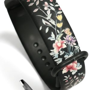 Силиконовый ремешок MRK с рисунком Flowers Beau для фитнес браслета Xiaomi Mi Band 5/6/7 Black + металическая кнопка