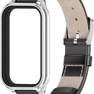 Кожаный ремешок Genuine Leather Mi Jobs с металлической капсулой для Mi Smart Band 9 Active Black and Silver