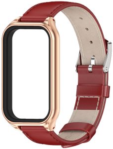Кожаный ремешок Genuine Leather Mi Jobs с металлической капсулой для Mi Smart Band 9 Active Red and Rose Gold
