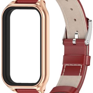Кожаный ремешок Genuine Leather Mi Jobs с металлической капсулой для Mi Smart Band 9 Active Red and Rose Gold