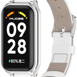 Кожаный ремешок Genuine Leather Mi Jobs с металлической капсулой для Mi Smart Band 9 Active White and Silver