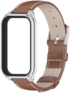Кожаный ремешок Genuine Leather Mi Jobs с металлической капсулой для Mi Smart Band 9 Active Brown and Silver