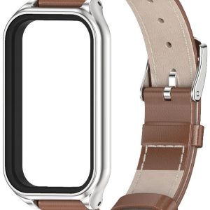Кожаный ремешок Genuine Leather Mi Jobs с металлической капсулой для Mi Smart Band 9 Active Brown and Silver