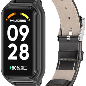 Кожаный ремешок Genuine Leather Mi Jobs с металлической капсулой для Mi Smart Band 9 Active Black and Charcoal Gray