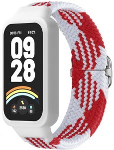 Ремешок тканевый MRK Braided Loop для фитнес браслета Mi Smart Band 9 Active с металическим регулятором длины Red and White
