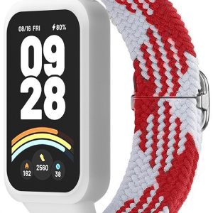 Ремешок тканевый MRK Braided Loop для фитнес браслета Mi Smart Band 9 Active с металическим регулятором длины Red and White