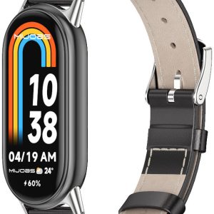 Ремешок кожаный Mi Jobs Genuine Leather с металлическим креплением  для Xiaomi Mi Smart Band 10/9/8 Black and Silver