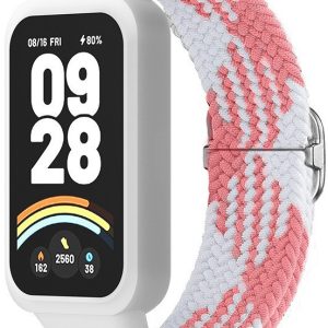 Ремешок тканевый MRK Braided Loop для фитнес браслета Mi Smart Band 9 Active с металическим регулятором длины White and Pink