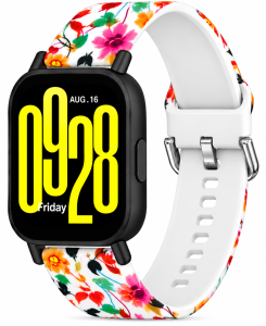 Ремешок силиконовый MRK для смарт-часов Redmi Watch 5 Active / Redmi Watch 5 Lite 22 мм с металической застежкой White Flowery